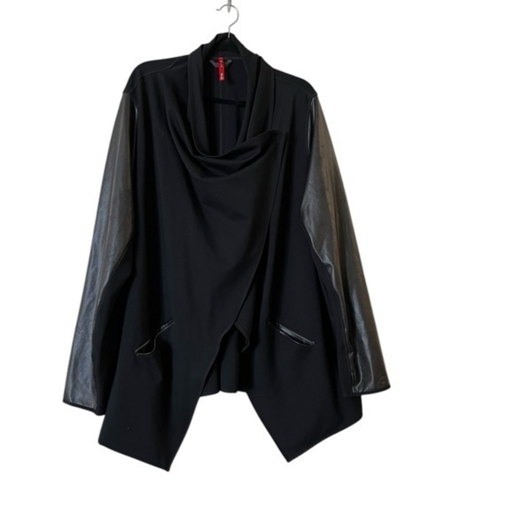 SPANX Black Knit & Faux Leather Asymmetrical Moto Convertible Draped Jacket 3X